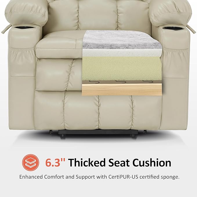 MCombo Dual Motor Large Power Lift Recliner Chair for Elderly, Lay Flat Lift Chair with Heat and Massage, Big Lift Recliner for Tall People, Faux Leather 7896 (Cream White, Large)