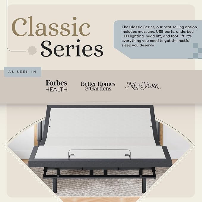 Sven & Son Classic Adjustable Bed Base, Head and Foot Lift, Massage, Under-Bed Lights, USB, Gel Memory, Zero Gravity Smart Frame - King