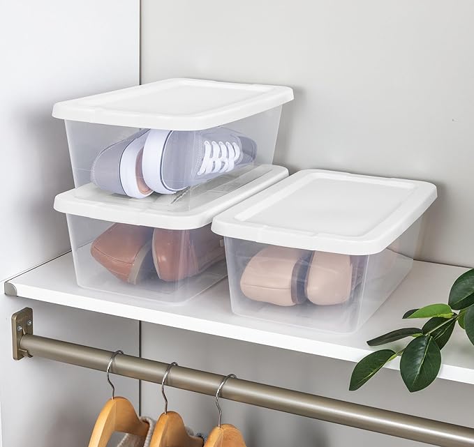 20-Pack 6 Quart Storage Boxes – Clear Plastic Storage Bin with Snap, Shoe Boxes,Stackable Bins for Closet, Kitchen Storage, Office Organization,White