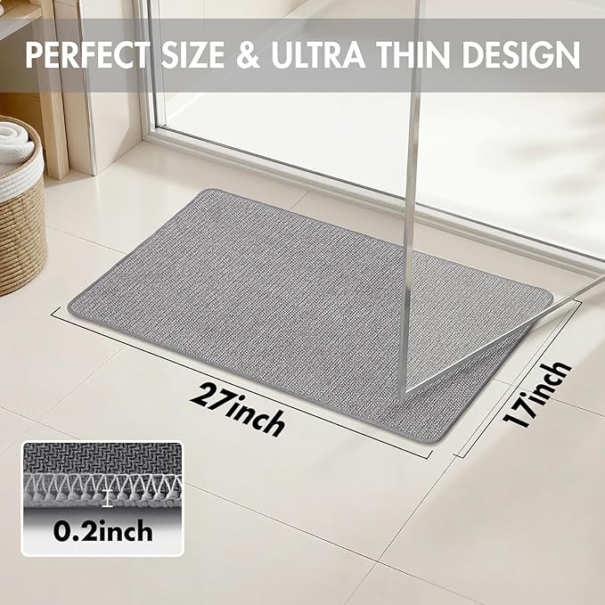 MIULEE Set of 2 Ultra Thin Bathroom Rugs, Rubber Bath Mats for Bathroom Non Slip, Quick Dry Absorbent Bath Rug Machine Washable, Fit Under Door, Shower, Sink, Home Decor, Grey, 17x27 Inch