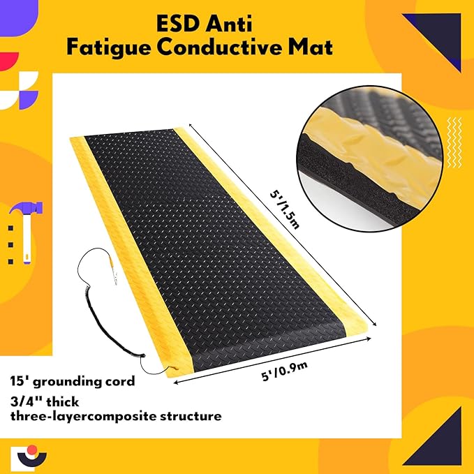 3'x5' Anti-Fatigue Mat ESD Conductive Pad with Ground Wire, Ergonomic Standing Floor Anti Static Mat Heavy-Duty Diamond Plate Surface for Commercial&Industrial Work, Thick 3/4''