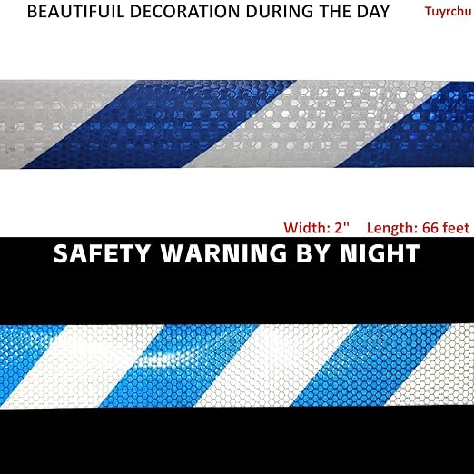 Industrial Reflective Tape Blue and White 2 inch Wide, Outdoor Waterproof Hazard Conspicuity Warning Marking Tape (66 feet)