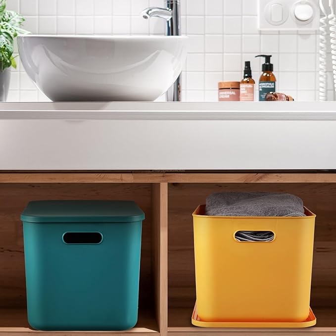 Hoolerry 8 Pieces Colorful Storage Bins with Lid, Plastic Storage Basket Organizing Container Stackable Box with Handle for Shelves Desktop Playroom Office(14.2 x 10.2 x 9.5 Inch,Multi-colored)