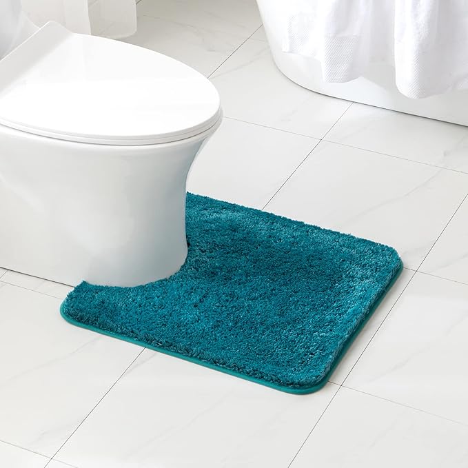 MIULEE Microfiber Toilet Bath Mat U-Shaped Contour Shaggy Bathroom Rugs Non Slip Extra Thick Soft Bath Rug Absorbent Water for Bathroom Commode Machine Washable(20x24 Inch, Teal)