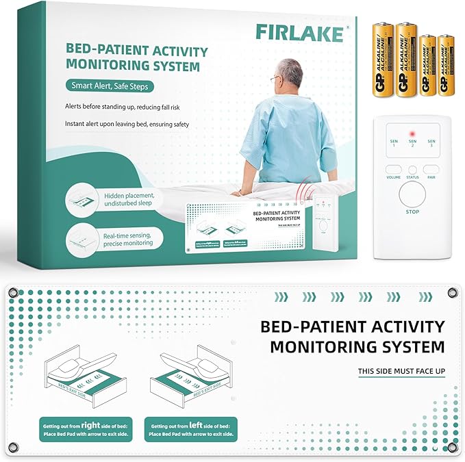 Bed Alarms for Elderly - Under & On Mattress Wireless Sensor Pad & Pager with Early & Exit Alarm Modes - Bed Alarms and Fall Prevention for Elderly and Dementia Patients - Replaceable Battery