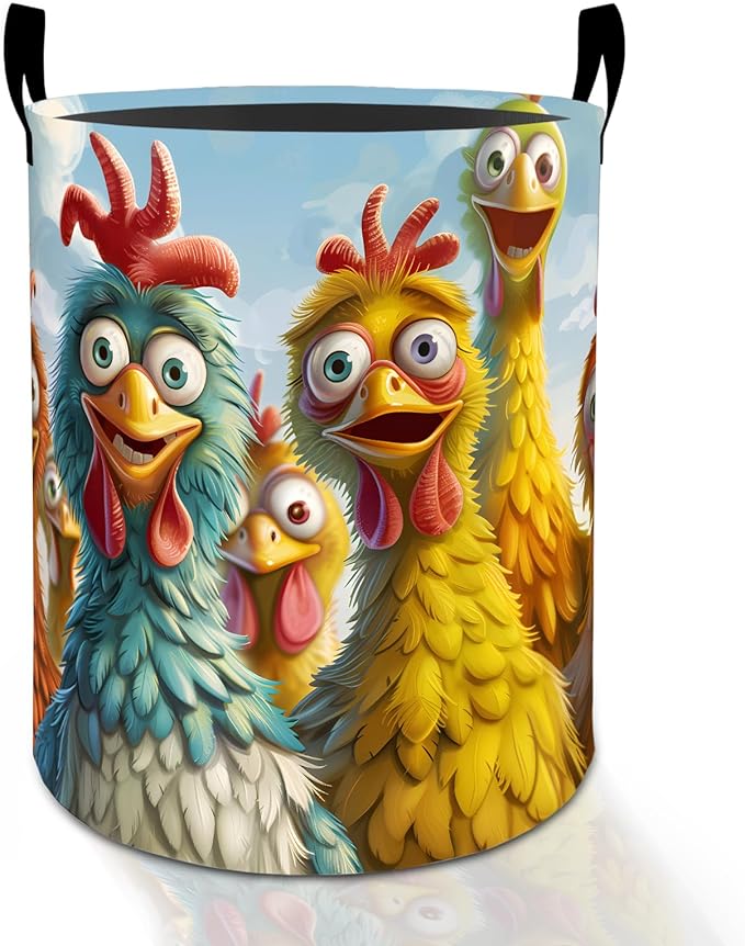 Funny Chicken Laundry Basket Hamper for Boys Girls Kids Adults, Foldable Waterproof Oxford Clothes Storage Bin, Colorful Cartoon Farm Animal Organizer for Bedroom Bathroom Room Decor 19.7"x15.8"