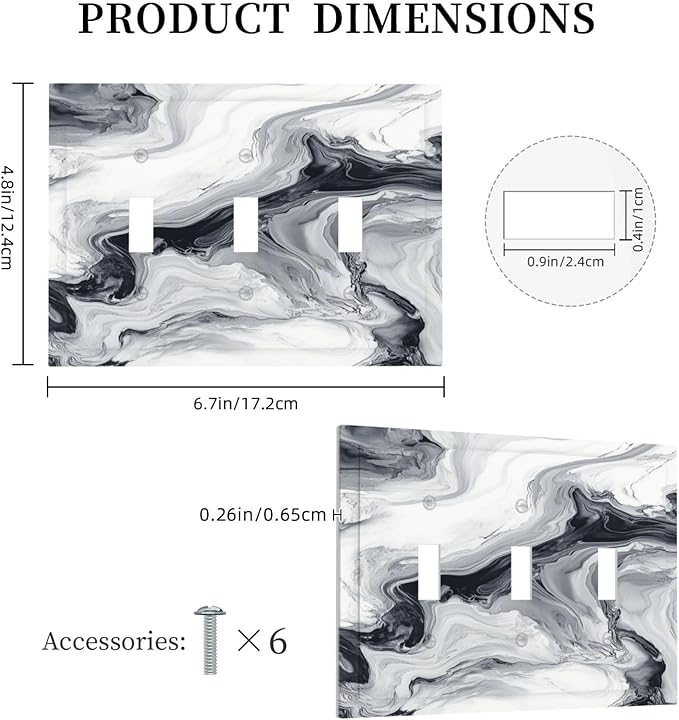 Abstract Marble Ink Texture Grey Marble Print Decorative Switch Plates 3 Gang Wall Plate Triple Toggle Light Switch Cover Faceplate Electrical Wall Panels for Bathroom Kitchen Decor