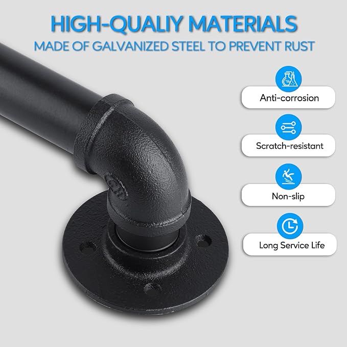 Pipe Stair Handrail, 3 Ft Metal Staircase Handrail, Black Galvanized Industrial Iron Hand Rail for Indoor & Outdoor Wall Mount Support, Wall Hand Railing,Safety Handle, Steps Baluster(HR01)
