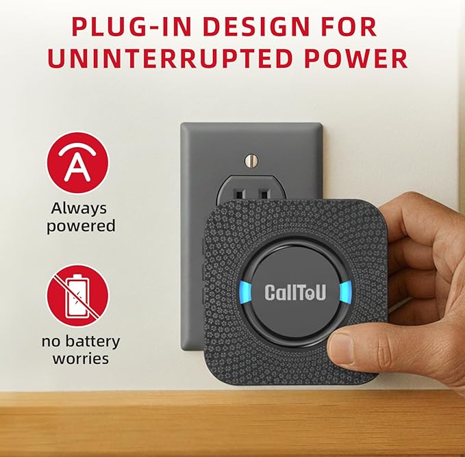 CallToU Wireless Caregiver Call Button Elderly Monitoring Alert Systems for Seniors 1 Plugin Receiver 2 Waterproof Transmitters