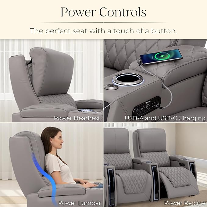 Seatcraft Apex Zero-Gravity CoolZero Italian Leather Home Theater Seating, Powered Headrest, Powered Lumbar, Powered Recline, Row of 2, Gray
