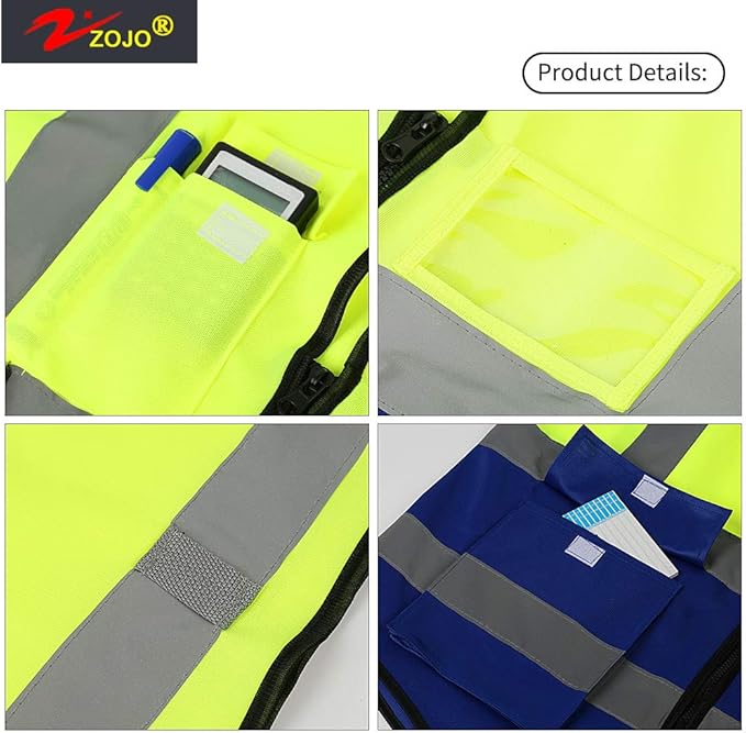 zojo High Visibility Safety Vests With Pockets, Pack of 10,Wholesale Reflective Vest for Outdoor Works, Cycling, Jogging, Walking,Sports - Fits for Men and Women (2XL-Mix Yellow & Blue)