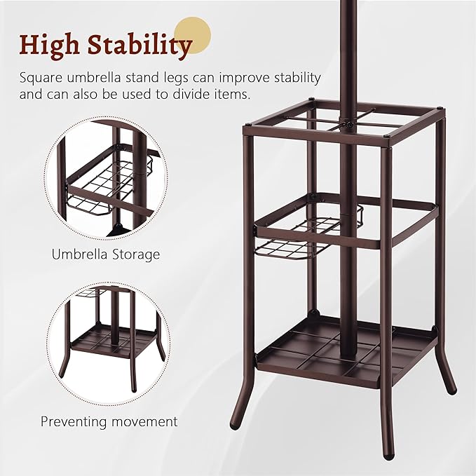FAVOOSTY Coat Rack Freestanding,Coat Rack Stand with Umbrella Holder,Metal Coat Tree with 12 Hooks,Tree Clothes Hat for Entryway, Hallway, Bedroom, Living Room & Office -Brown