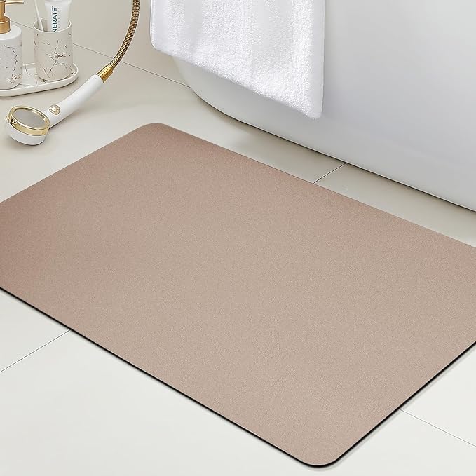 Ultra Thin Bath Mat, Upgrade Backing Non Slip Thin Bath Mats Fit Under Door, Quick Dry Ultra Absorbent Bathroom Rugs, Machine Washable Bath Rugs for Bathroom, Bathtub & Kitchen, Taupe/Solid/24"x17"