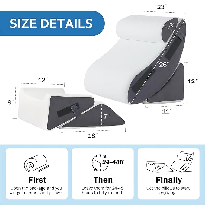 5Pcs Orthopedic Bed Wedge Pillow Set for After Surgery, Adjustable Wedge Pillow for Acid Reflux Relief, Bed Wedge Pillow Post Surgery, Memory Foam Wedge Pillows for Sleeping, White/Grey