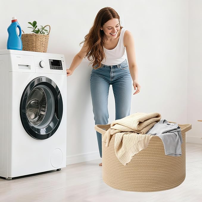 Large Storage Basket with Handle,19.7" L x 19.7" W x 13" H Blanket Basket Storage Bins for Organizing,65L Cotton Rope Woven Baskets for Living Room, Nursery ,Bedroom,Camel