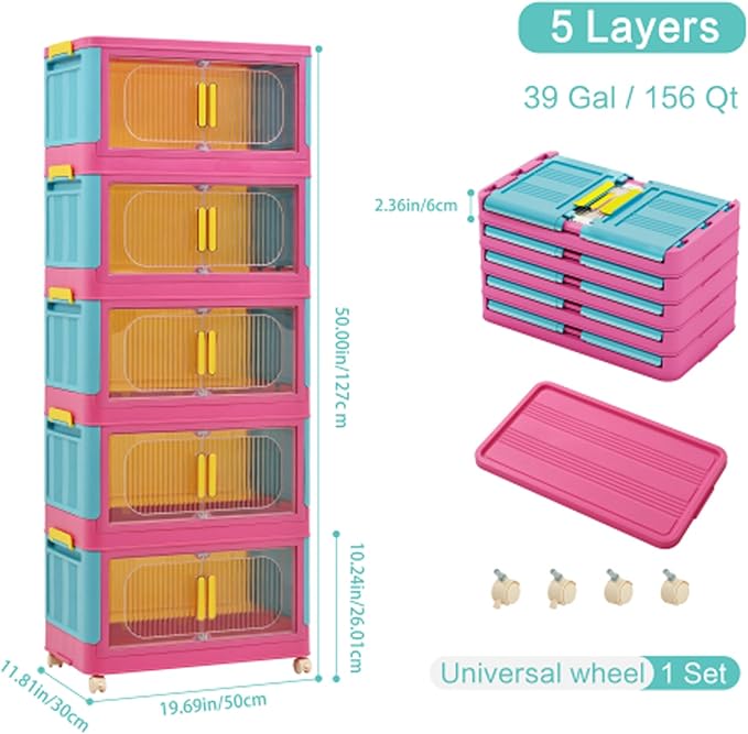5 Tiers Folding Storage Cabinet, 20" Side Wide Collapsible Storage Bins with Doors and Wheels, Space Saving Plastic Cabinet for Living Room, Office, Dorm, Rainbow