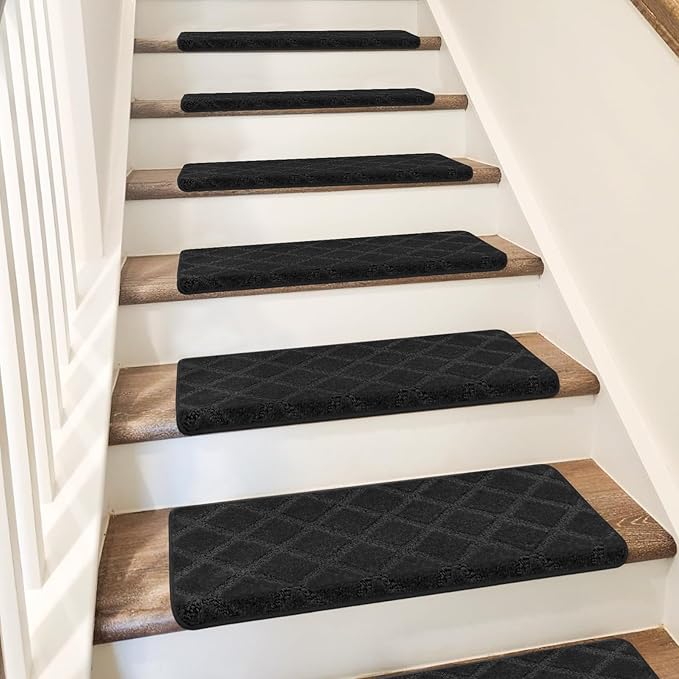 PURE ERA Bullnose Carpet Stair Treads Tape Free Non-Slip Indoor Stair Protectors Pet Friendly Stair Treads for Wooden Steps 9.5" x 30"(2 Pieces,Black Diamond Trellis)