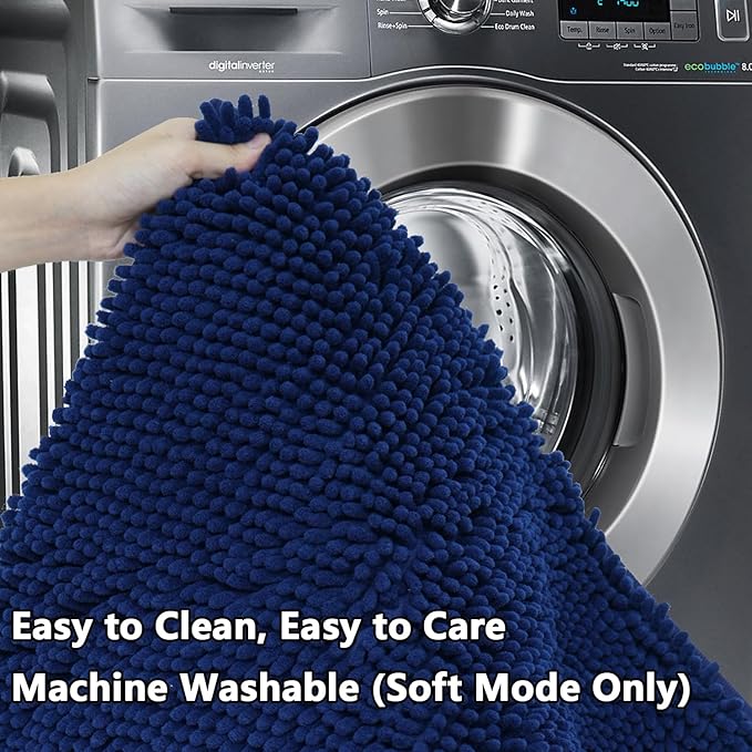 BOANKODU Bathroom Rugs Sets 2 Piece, Extra Soft Chenille Bath Mat Absorbent Bathroom Rug, Bathroom Mat with PVC Non-Slip Bottom, Machine Washable Bath Rugs (32x20 Inch + 24x16 Inch, Navy Blue)