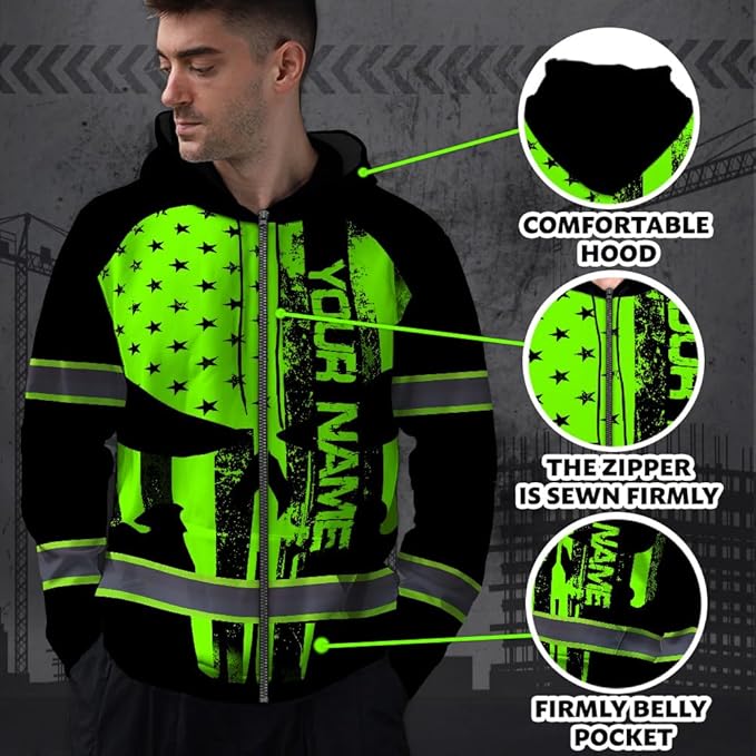 Maddly Hi Vis Reflective Zip Up Hoodie, High Visibility Safety Jacket with Skull Design for runner, worker, trucker, cyclist