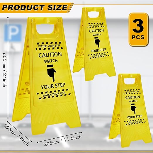 3 Pcs Caution Watch Your Step Sign Safety Double Sided Floor Heavy Duty Plastic Warning Caution Sign for Home Yard Outdoor Wet Floor Step, 24 x 11.6 x 8 Inch, Black on Yellow