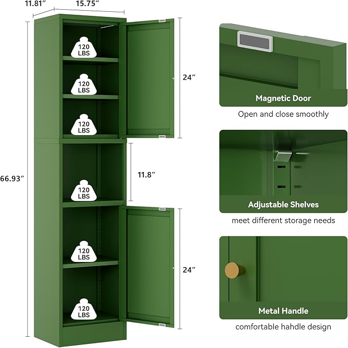 2-Door Metal Storage Cabinet, Tall Slim Pantry Organizer with 3 Adjustable Shelves (120LBS/Shelf), Anti-Tipping Waterproof Cabinet for Bathroom/Kitchen/Home Office/Small Spaces,(1PC,Green)