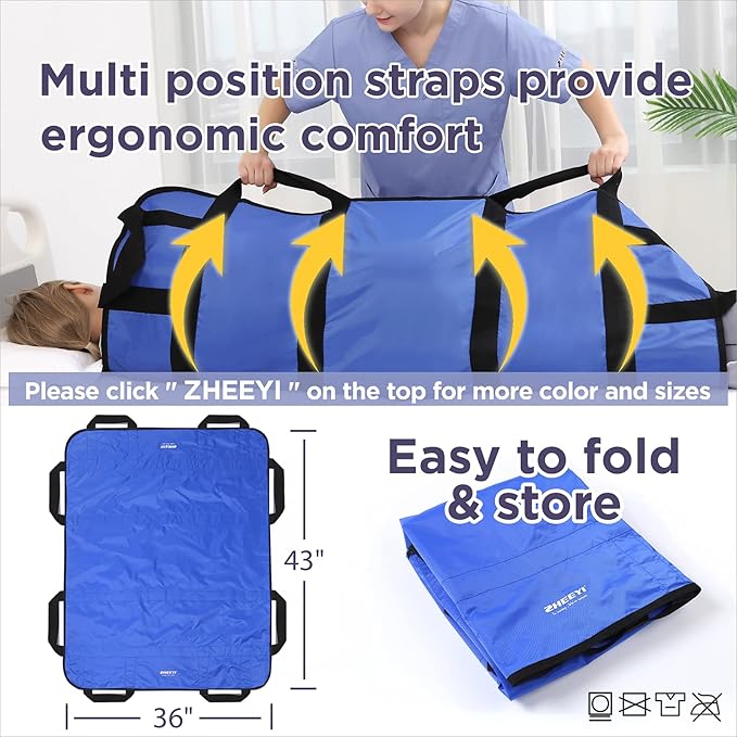 Positioning Bed Pad with Reinforced Handles 43" x 36" Patient Transfer Sheet Aid Assistant for Body Lifting, Turning, Repositioning, for Elderly, Incontinence, Caregiver, Blue