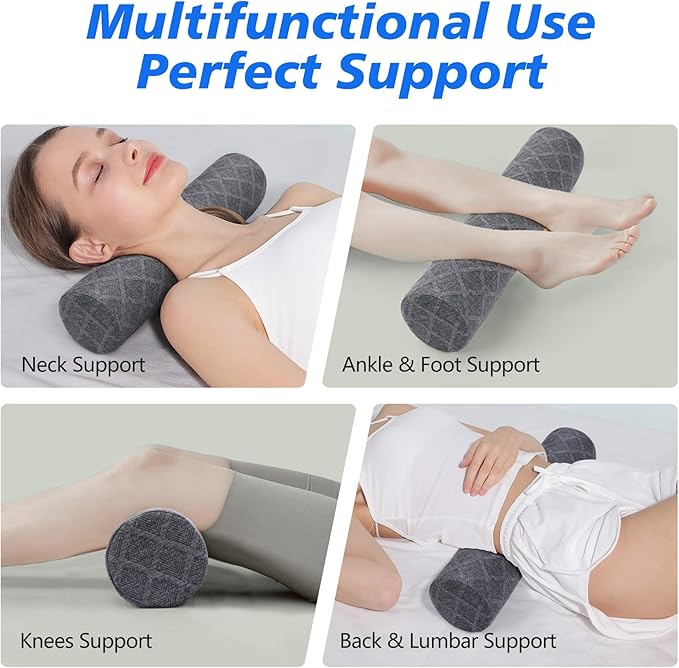 Cozyhealth Cervical Roll Pillow, Medium Soft Memory Foam Neck Round Pillow Cylinder Bolster Pillow for Sleeping, Round Neck Support for Bed, Legs, Back and Yoga (Grey, Medium - 3.9" H)