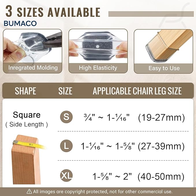 BUMACO Chair Leg Floor Protectors Square Chair Leg Protectors for Hardwood Floors Silicone Pads Covers to Protect Floors Clear-20 Pcs Square S (3/4" to 1")
