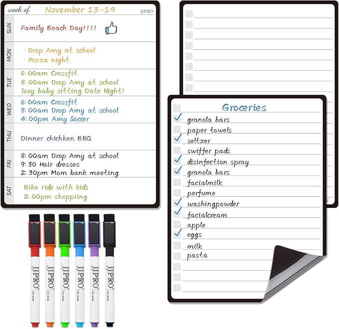 JJPRO Magnetic Weekly Calendar and to Do List for Fridge - 8.5" x 6.5" Weekly Meal Planner for Refrigerator and Dry Erase Daily to-Do List -6 Markers Included!