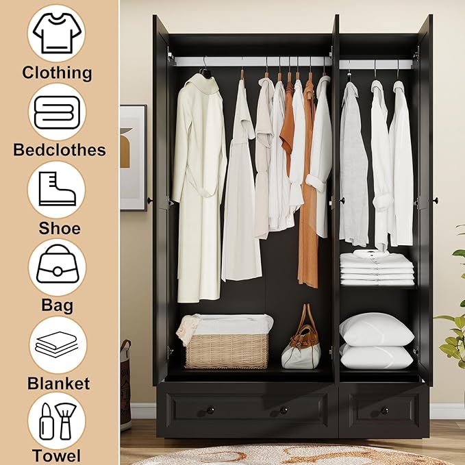 Armoire Wardrobe Closet with Drawers: 74" Black Tall Wooden Wardrobe Closet for Hanging Clothes, Large Bedroom Armoires with 2 Drawers, 3 Door Armoire Storage Cabinet (Black, 47")