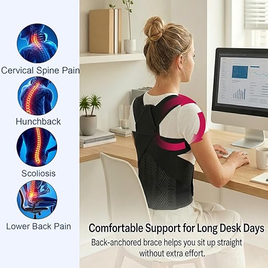 Back Posture Corrector Brace for Men & Women, Back-Anchored Shoulder Support, 3.1-Inch Wide Straps, Adjustable Upper Straightener & Lower Spine Support to Help Reduce Slouching, Wear Under Clothes