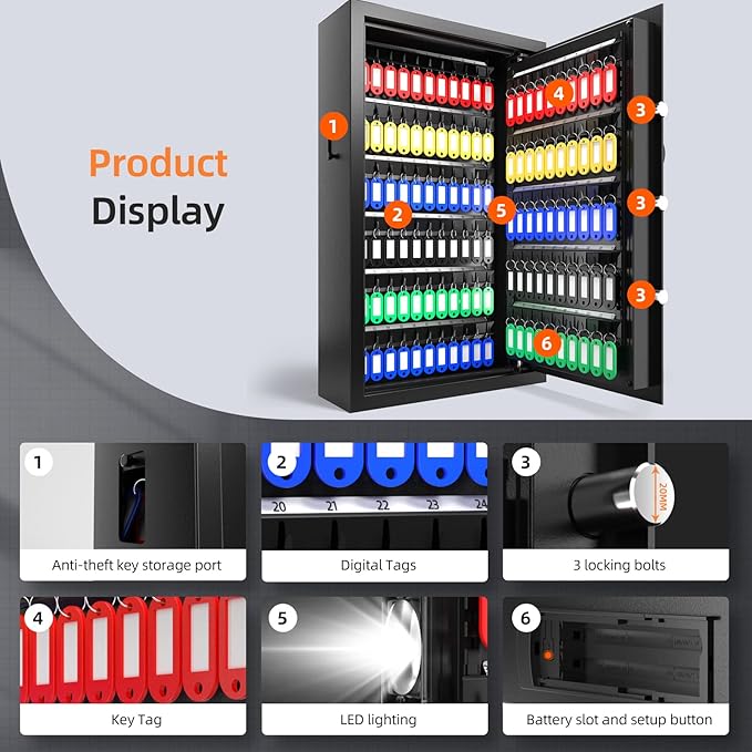 XDeer 122-Keys Key Lock Box Wall Mount with Advanced Anti-Theft Deposit Key Slot & LED Light, Key Cabinet with Combo and Key Lock, Key Safe for Hotels & Office & Companies & Car Dealerships
