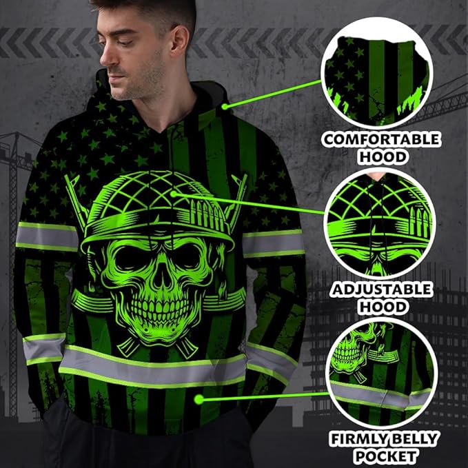 Matedecor Skull US Flag Reflective High Visibility Hoodie For Men Construction Hi Vis Safety Workwear Custom Name