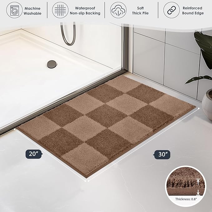 PURRUGS Bathroom Rug Non-Slip Machine Washable 20" x 30", Super Absorbent and Quick-Dry Bath Mat, Extra Soft and Plush Bath Rug for Shower, Bathtub and Sink, Grayish Brown & Coffee