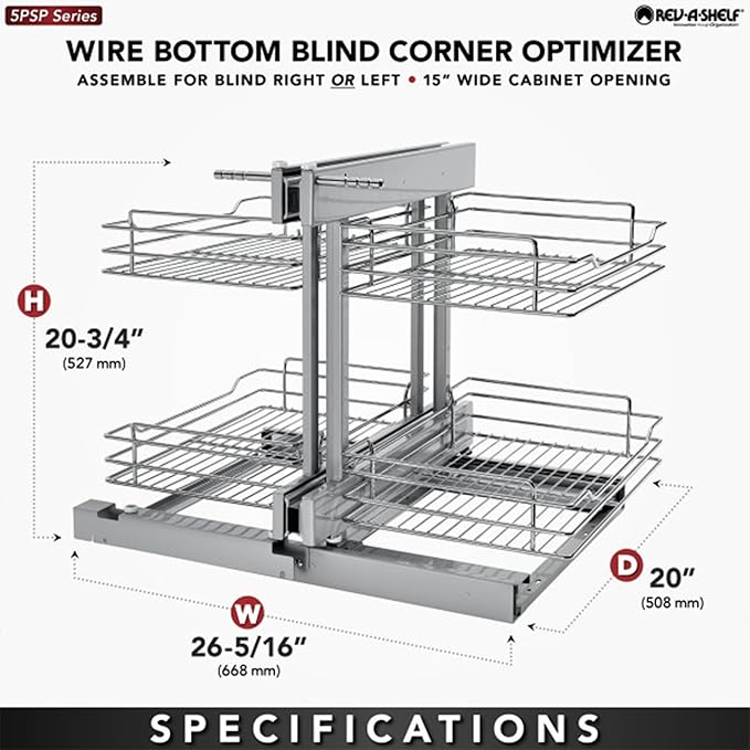 Rev-A-Shelf Dual Tier Pullout Shelf Storage Organizer for Blind Corner Kitchen or Bathroom Cabinets,15", 4 Shelves, Silver, 5PSP-15-CR