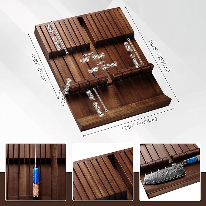 SENKEN In-Drawer Knife Block, Natural Acacia Wood Kitchen Knife Drawer Organizer, Holds 16 Knives + 1 Sharpener Slot for 17 Total Slots, Includes Steak Knife Slots, Space Saving Knife Storage Solution