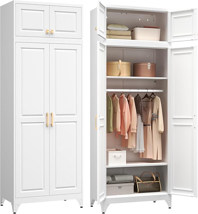 Metal Armoire Closet, 86 Inch Tall Wardrobe Armoire with Hanging Rod, Almirah for Clothes with Doors, 18" D x 32" W x 86" H, White, Assemble Required, Shipped in Two Packages