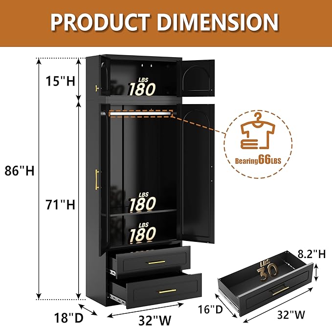 Metal Armoire Wardrobe Cabinet, 86" Tall Wardrobe Closet with Doors, Black Clothing Storage Cabinet with Hanging Rod, Large Armoire for Bedroom, Office, School, Gym