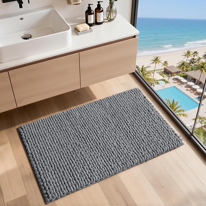 LUMI Luxury Bathroom Rug, Ultra Soft Quick Dry Bath Mat, Non-Slip Absorbent Thick Chenille Bath Rug, Cozy Braid Design Floor Mat for Bathtub, Sink, Laundry, Bedroom, Grey, 24"x36"