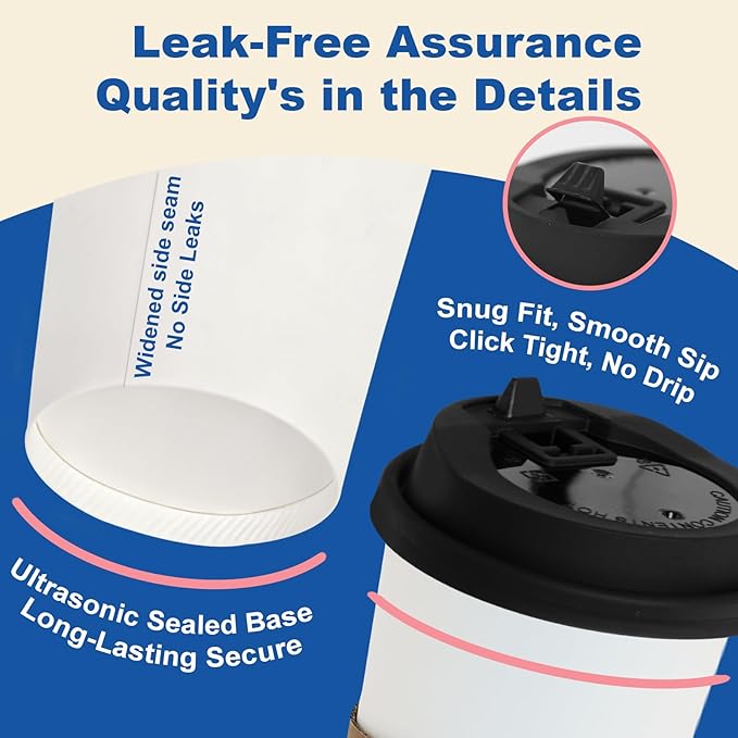 16 oz 50 Pack Coffee Cups with Lids and Sleeves, Straws, Hot Disposable To Go Travel Paper Cups Bulk for Office, Home Coffee Bar Accessories, Chocolate, Cocoa, Beverage (White)