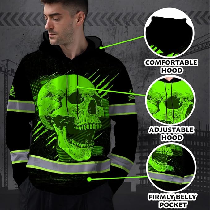 Matedecor Skull US Flag Reflective High Visibility Hoodie For Men Construction Hi Vis Safety Workwear Custom Name