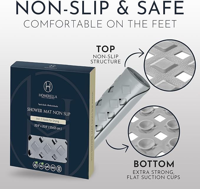 homerella® Shower Mat Non Slip Anti Mold, Non Slip Shower Mats for Inside Shower Stall Anti Slip Mat, Square Shower Floor Mat 21 x 21 in with Suction Cups & Hooks for Quick Drying, Machine Washable