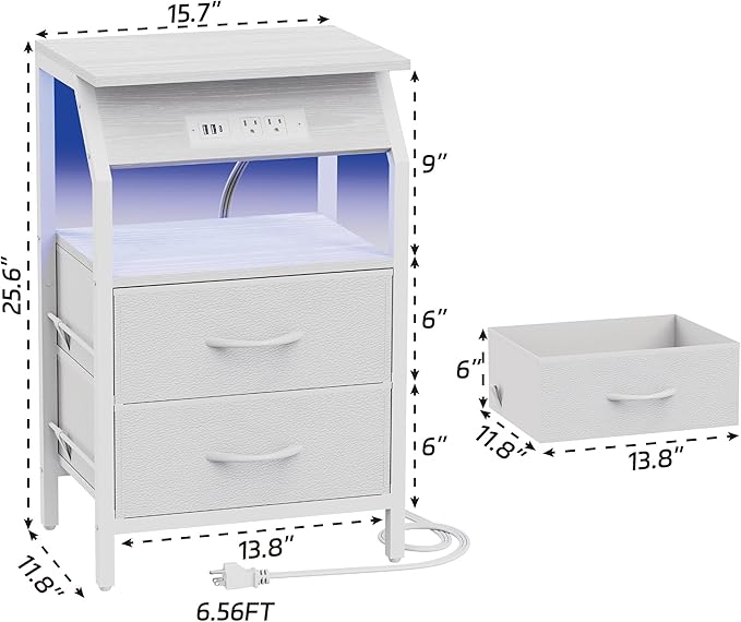 LED End Table, Nightstand with 2 Drawers and Charging Station Type C Port, Storage Fabric Dresser for Bedside, Small Side Table for Living Room Dorm, White