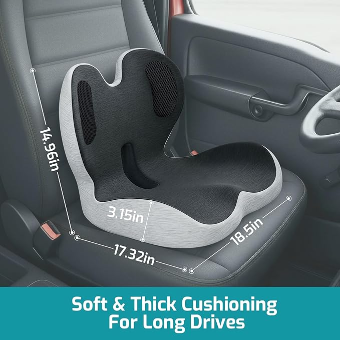 Trucker Seat Cushion, Car Seat Cushions with Lumbar Support Pillow, Ergonomic L-Shaped One Piece Memory Foam Pad for Long Driving Back Pain Sciatica Relief, Drivers Office Workers (Black+Light Gray)