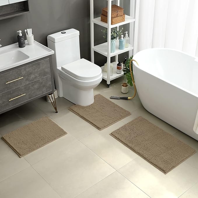 HOMEIDEAS 3 Pieces Bathroom Rugs, Ultra Soft Non Slip Absorbent Chenille Toilet Bath Mat Set (Taupe)
