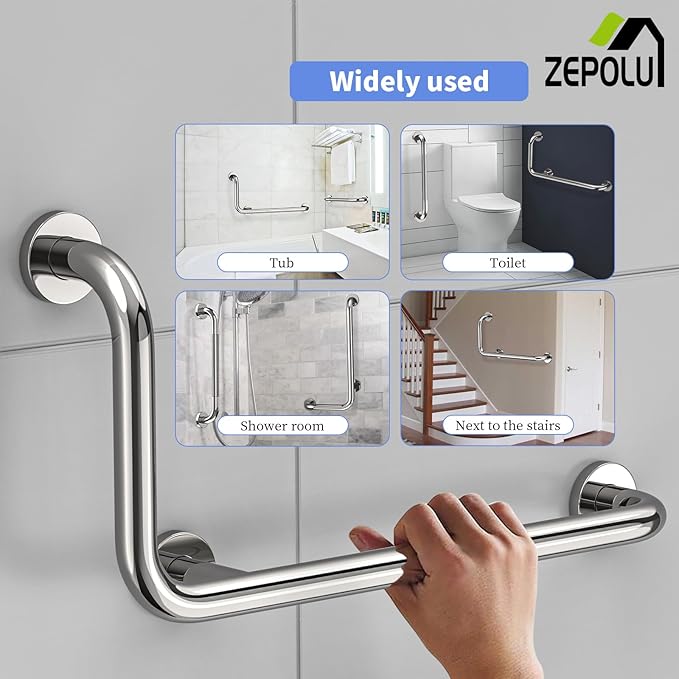 Polished Chrome L-Shaped Grab Bar 12x24 Inch + Knurled Shower Grab Rail 20 Inch, Zepolu Stainless Steel Toilet Safety Bar 90 Degree, Angled Balance Support Assist Bar, Bathroom Mobility Aid Handrail