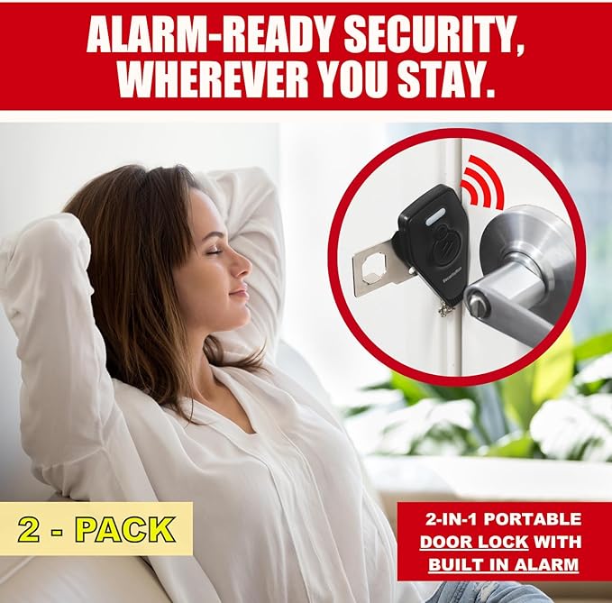 Securityman Portable Door Lock with Alarm (2 Pack) | Hotel Door Locks for Travelers Security | Loud 130dB Door Security Device for Hotel Room, Apartment Home, & Travel Safety Inside