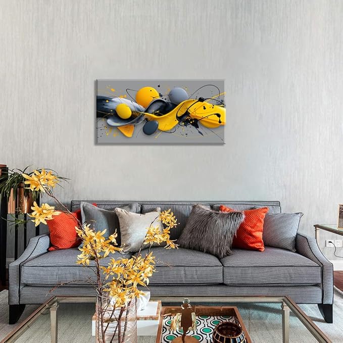 Yellow Abstract Splash Pigment Wall Art for Bedroom Canvas Painting Prints Dynamic Art Deco Gray Vibrant Artwork Office Family Decor