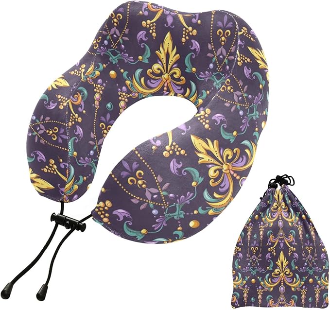 Travel Pillow for Neck Head, Mardi Gras Fleur De Lis Beads Memory Foam Padding Sleeping Airplane Trains Cars Camping Office