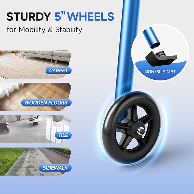 Folding Walker for Seniors, Front Wheel Walker with Storage Bag & Rear Ski Glides, Height Adjustable, 350lbs Capacity, Blue